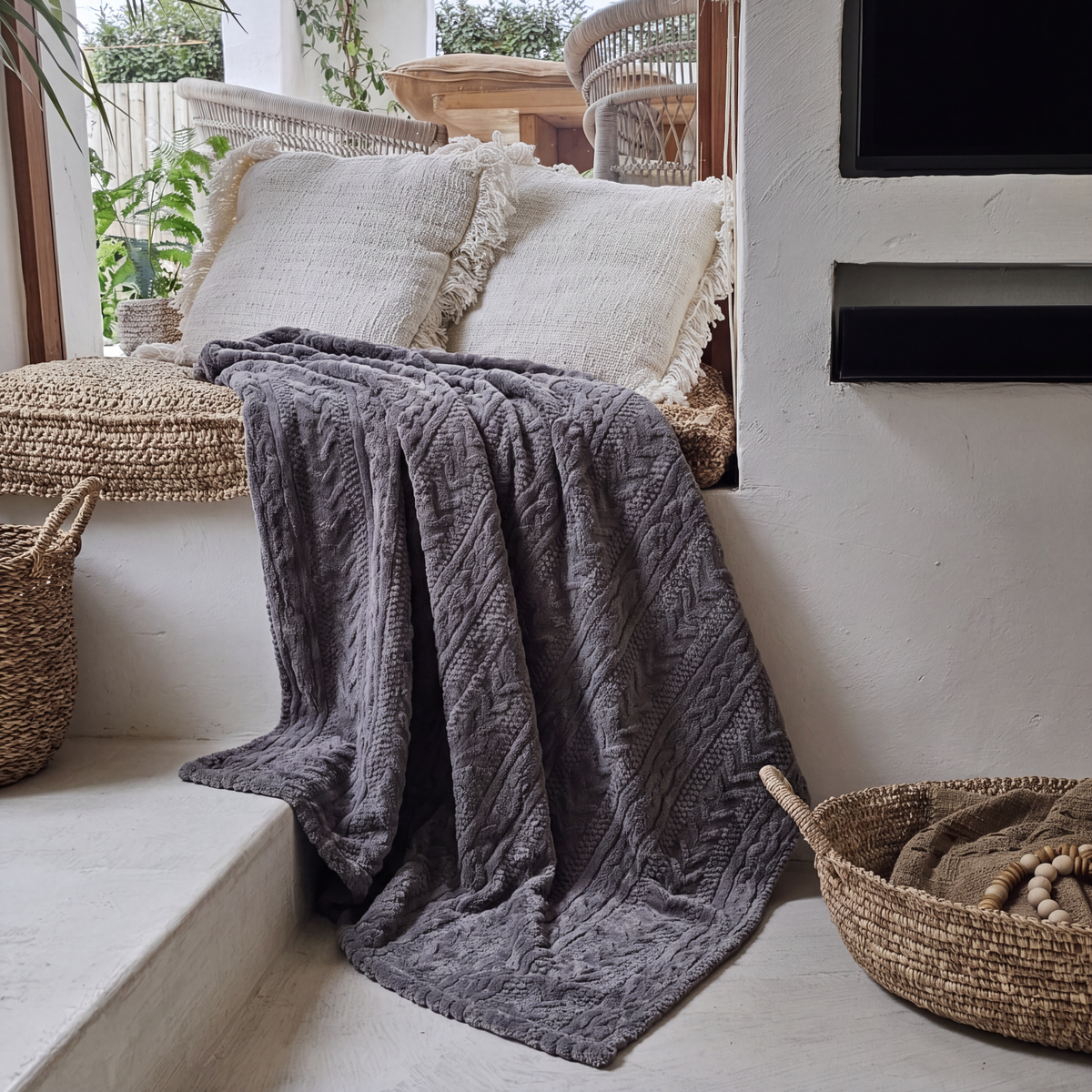 Lunetta Home Deken / Plaid Flanel Jacguard Donker Grijs 150x200 cm